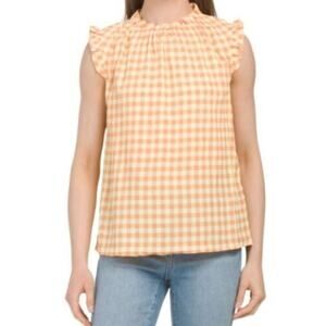 Nanette Lepore Women's Crinkle Gingham Tank Top Yellow Tangerine Size L